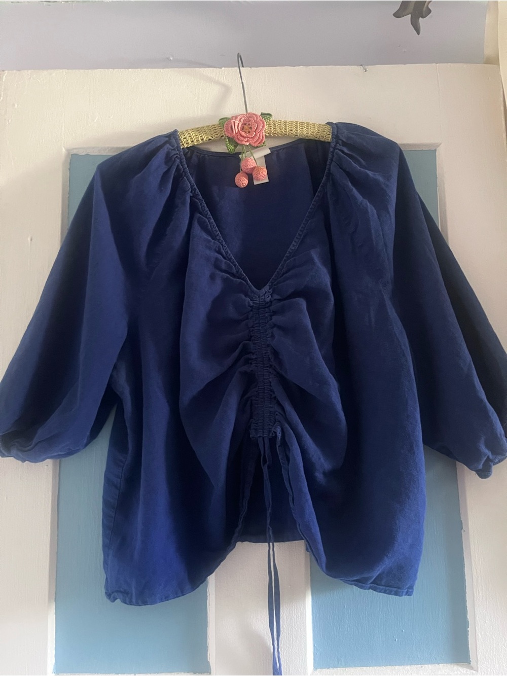 Ava &Viv Women's Navy Ruched Drawstring V-Neck Top 2X linen/rayon